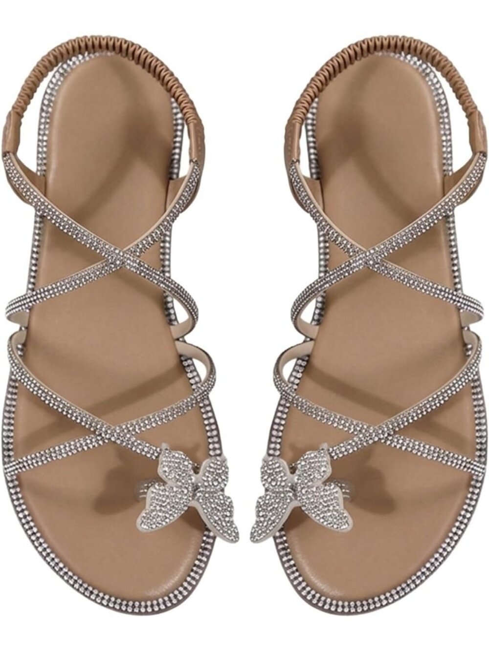 Women's Apricot Summer Glitter Open Toe Sparkly Rhinestone Slides Flat Sandals